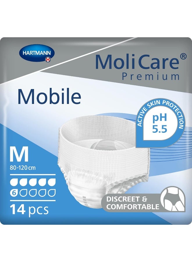 Molicare سراويل حفاضات للبالغين، مولي كير بريميوم موبايل، حفاضات للبالغين في حالات السلس، للجنسين، متوسط، 6 قطرات، 14 قطعة/عبوة - Image 1