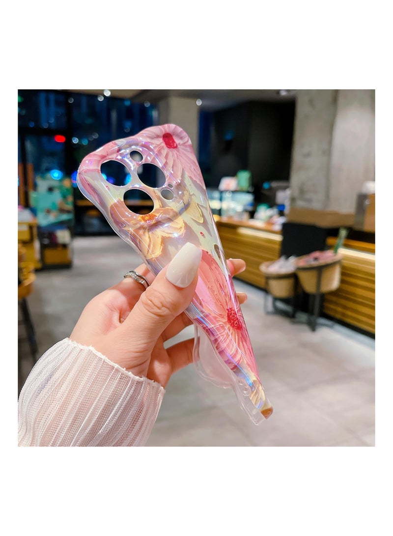 SYOSI C for iPhone 15 Pro Max Case, Colorful Retro Oil Painting Flower  Curly Wave Border Floral Case for Women Girls, Camera Protection Soft Shockproof Cover Case for iPhone 15 Pro Max - Pink - Image 4