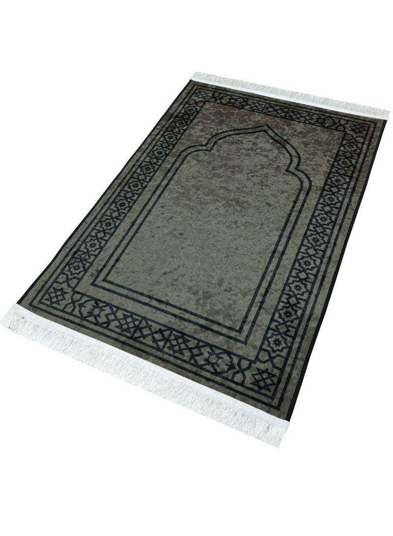 Fabienne Premium Prayer Mat 70×110cm Printed Velvet Islamic Sajadah with Non-Slip Base & Shiny Tassels, Lightweight & Portable Musalla Gift for Ramadan Eid Hajj Umrah Dark Grey/Black - Image 2