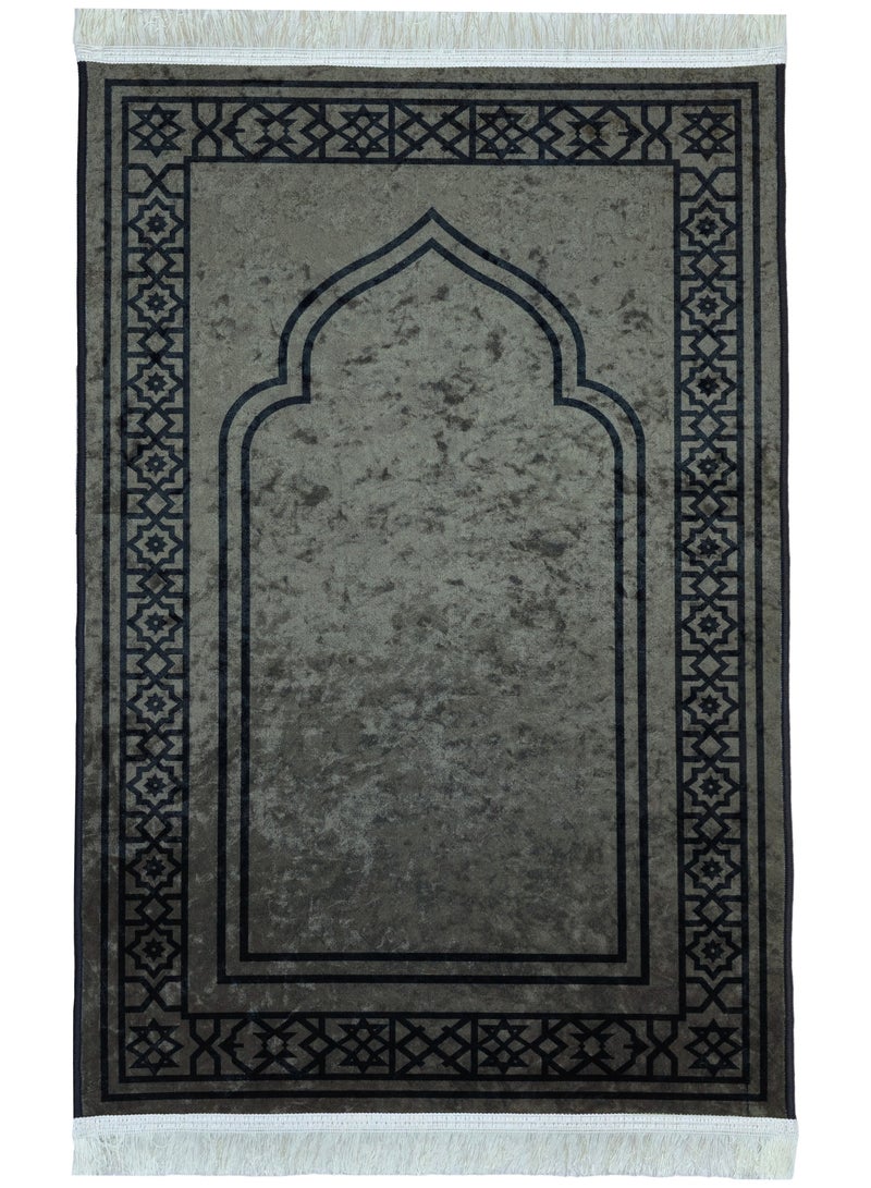Fabienne Premium Prayer Mat 70×110cm Printed Velvet Islamic Sajadah with Non-Slip Base & Shiny Tassels, Lightweight & Portable Musalla Gift for Ramadan Eid Hajj Umrah Dark Grey/Black - Image 1