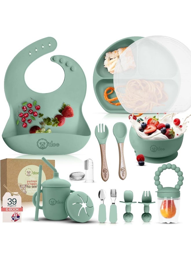 O'doe 17-Pcs Silicone Baby Feeding Set â€“ Baby Led Weaning Supplies With Suction Plates For Toddlers, Baby Plates and Bowls Set (Green, V2) - Image 1