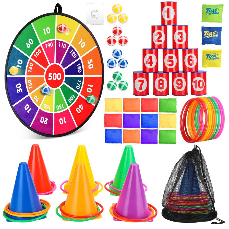 Hungdao 3 Sets Carnival Games Combo Set, Dart Board with Balls Plastic Cones Ring Bean Bags Toss Game for Boys Girls Adults Family Birthday Yard Indoor Outdoor(Classic Style) - Image 1