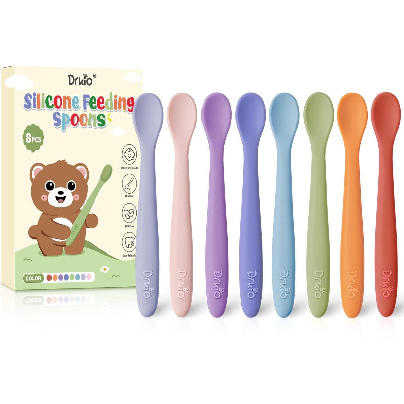 DRKIO 8Piece Silicone Baby Spoons Infant Spoons First Stage Self Feeding Baby Led Weaning Supplies Toddler Training Utensils Soft ChewableTip Bendable BPAFree Dishwasher Safe Boilproof - Image 3