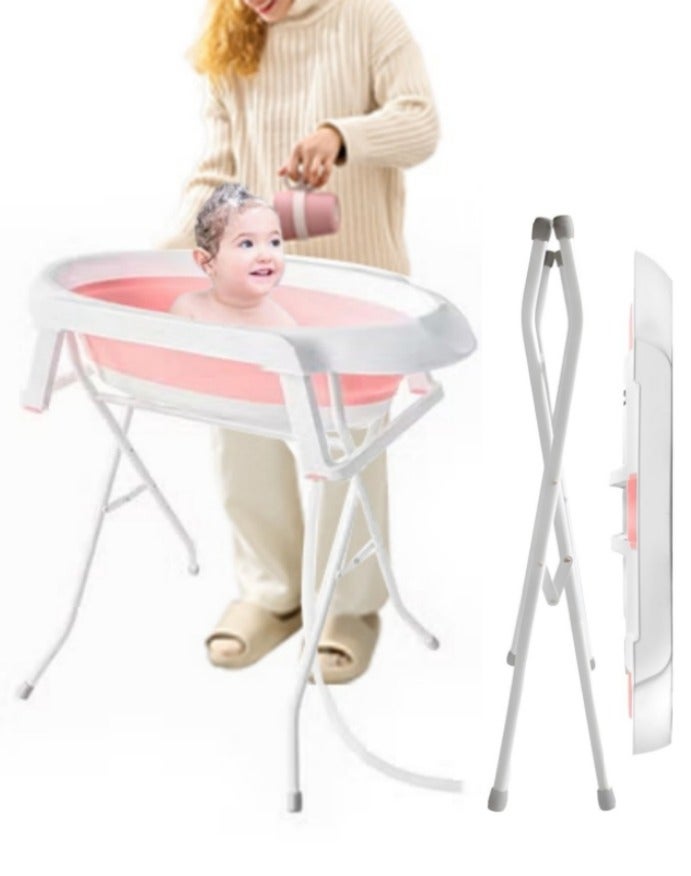 XiuWoo Foldable Heightened Baby Bathtub with Stand, Portable Infant Bath Tub with Wash Tube, Drain Plug and Storage Shelf, PP TPE Collapsible Baby Bath Basin for Newborns and Children 0-6 Years