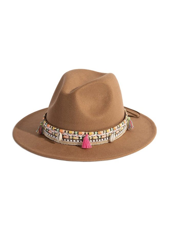 Gossifan Women's Felt Fedora Hat Wide Brim Panama Hats with Tassel-Khaki - Image 1