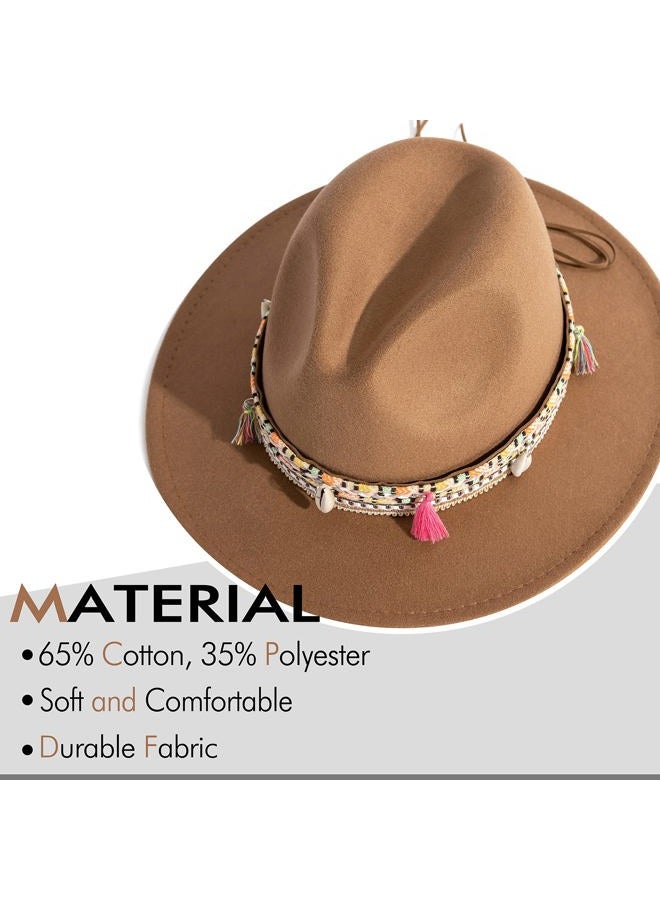 Gossifan Women's Felt Fedora Hat Wide Brim Panama Hats with Tassel-Khaki - Image 2
