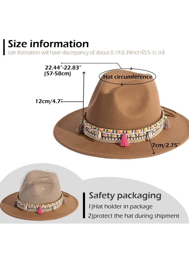 Gossifan Women's Felt Fedora Hat Wide Brim Panama Hats with Tassel-Khaki - Image 5