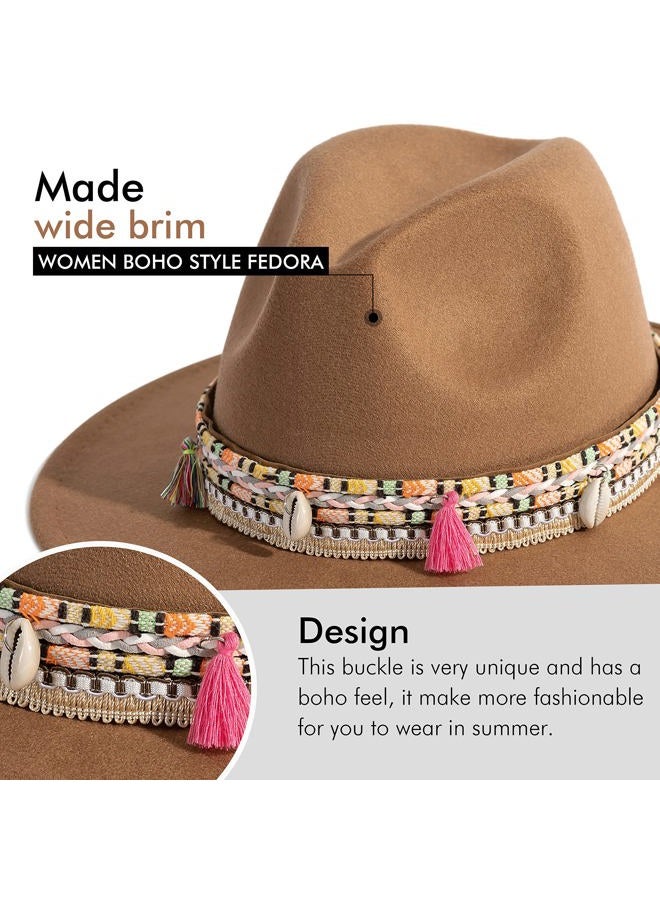 Gossifan Women's Felt Fedora Hat Wide Brim Panama Hats with Tassel-Khaki - Image 3