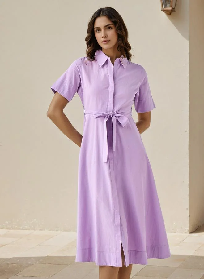 سبلاش فيڤ فستان ميدي قطني بياقة قميص وربطة خصر