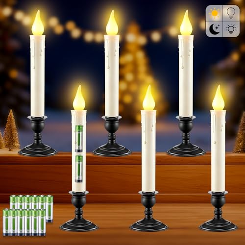 ElectricWise 6 Pack Battery Operated Window Candles with Sensor Dusk to Dawn Ivory Flameless Taper Candlesticks with Removable Black Base Suction Cups LED Candlestick for Christmas Decor Home 12 AA Batteries - Image 1