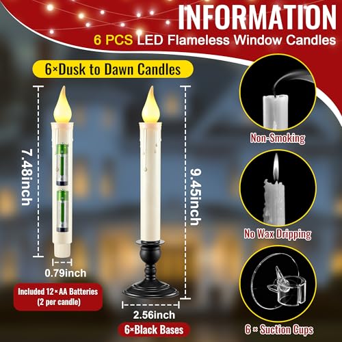 ElectricWise 6 Pack Battery Operated Window Candles with Sensor Dusk to Dawn Ivory Flameless Taper Candlesticks with Removable Black Base Suction Cups LED Candlestick for Christmas Decor Home 12 AA Batteries - Image 3