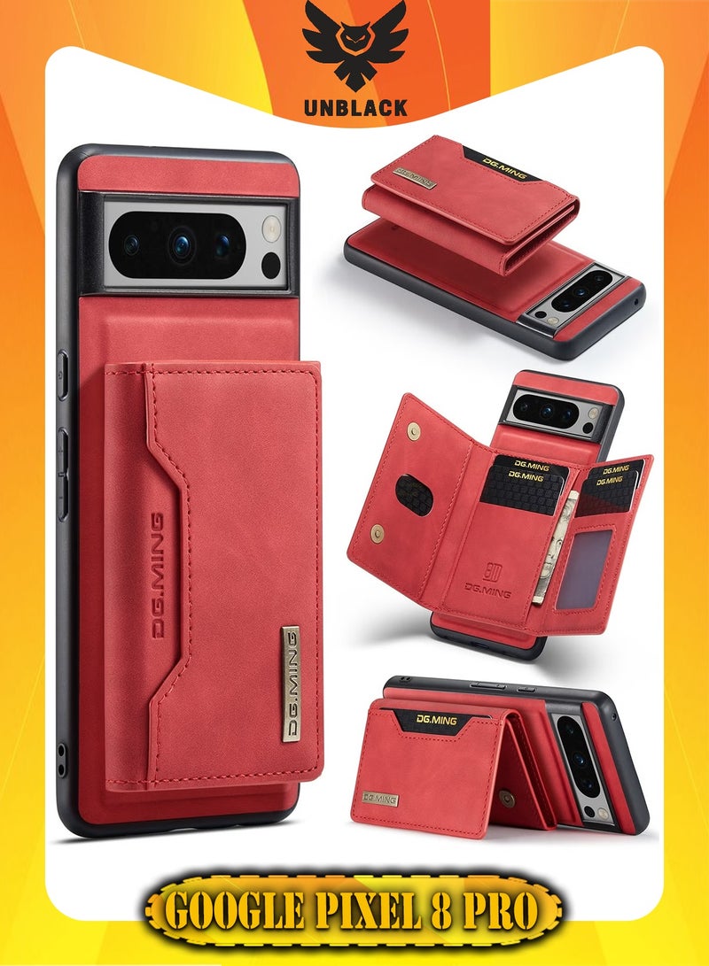 DGMING Wallet Case for Google Pixel 8 Pro, DG.MING Premium Leather Phone Case Back Cover Magnetic Detachable with Trifold Wallet Card Holder Pocket (Red)  - Image 1