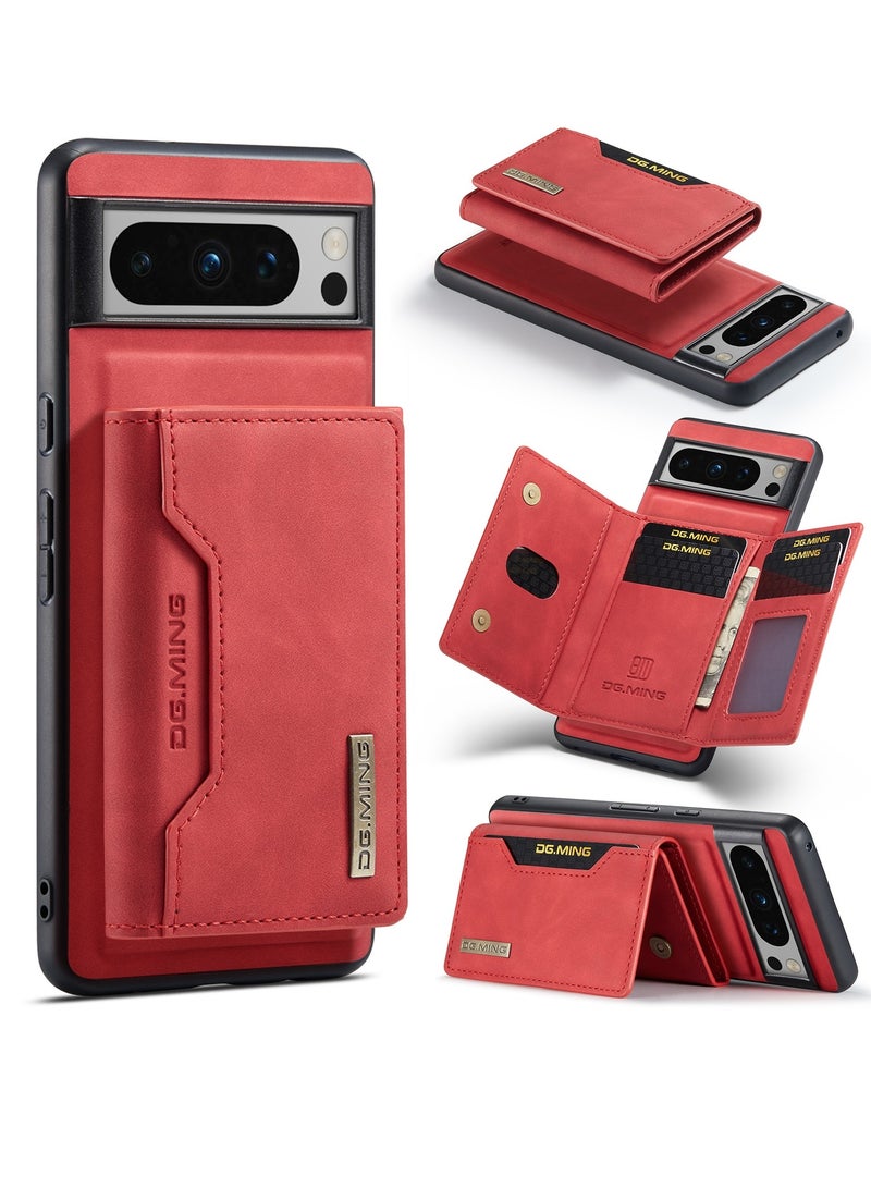 DGMING Wallet Case for Google Pixel 8 Pro, DG.MING Premium Leather Phone Case Back Cover Magnetic Detachable with Trifold Wallet Card Holder Pocket (Red)  - Image 2