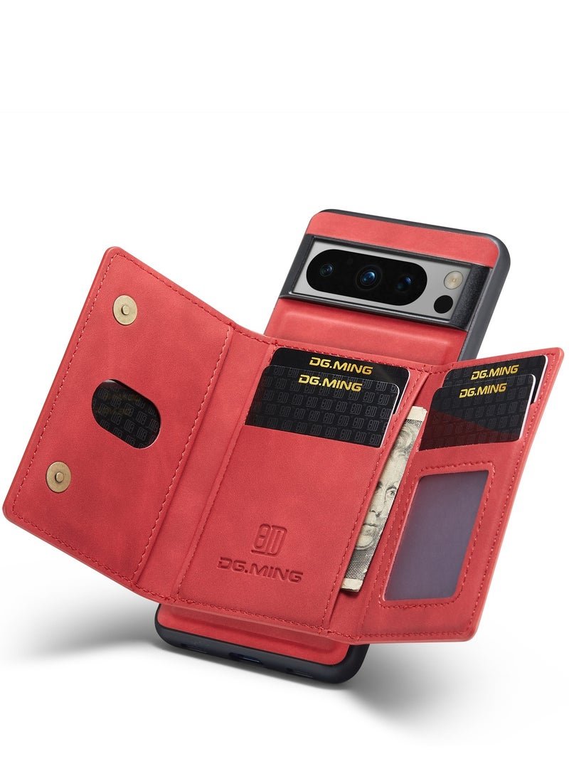 DGMING Wallet Case for Google Pixel 8 Pro, DG.MING Premium Leather Phone Case Back Cover Magnetic Detachable with Trifold Wallet Card Holder Pocket (Red)  - Image 5