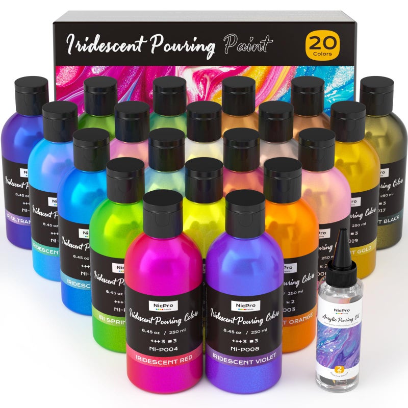 Nicpro 20 Colors Iridescent Metallic Acrylic Pour Paint Supplies Kit, 8.45oz Large Ready to Pour Premixed High Flow Pouring Paint Set with Silicone Pouring Oil, Gloves, Instructions for Beginner DIY - Image 1