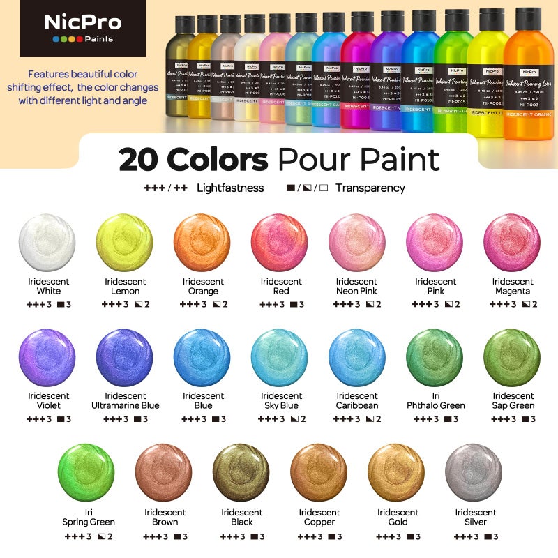 Nicpro 20 Colors Iridescent Metallic Acrylic Pour Paint Supplies Kit, 8.45oz Large Ready to Pour Premixed High Flow Pouring Paint Set with Silicone Pouring Oil, Gloves, Instructions for Beginner DIY - Image 2