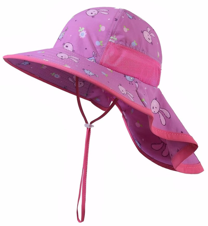 icolor Kids Sun Hat UPF50+ Sun Protection Bucket Hat Toddler Summer Travel Beach Play Hats with Neck Flap for Girl Ages 3~10 (DarkPink-Rabbit) - Image 1