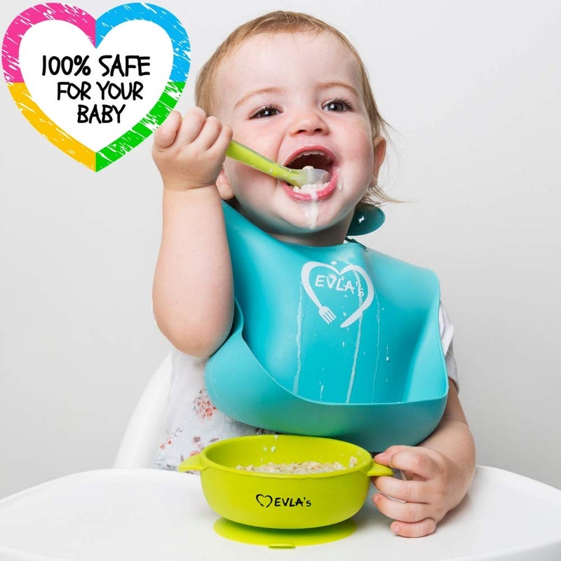 EVLA'S Baby Feeding Set, Baby Led Weaning Supplies, Adjustable Silicone Bibs, Divided Plate, Suction Bowl with Lid, Soft Spoons for Babies or Toddlers, Baby Registry must have! - Image 2