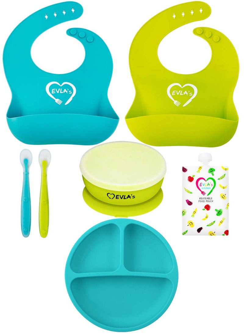 EVLA'S Baby Feeding Set, Baby Led Weaning Supplies, Adjustable Silicone Bibs, Divided Plate, Suction Bowl with Lid, Soft Spoons for Babies or Toddlers, Baby Registry must have! - Image 1