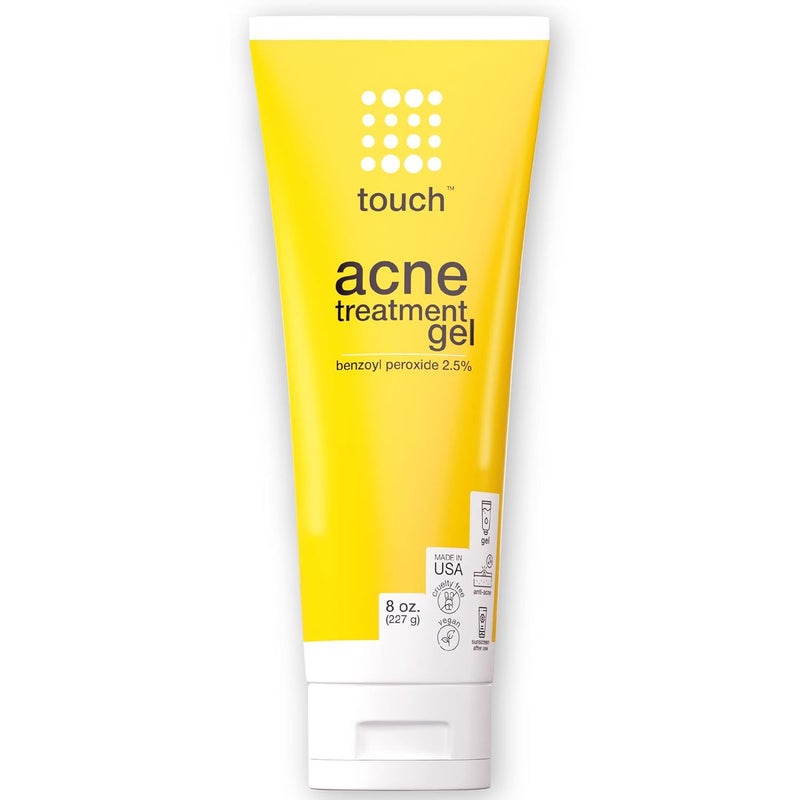 Touch Benzoyl Peroxide 2.5% Gel Cream For Acne - Pimples and Cystic Acne Spot & Daily Face and Back Medication for Adults & Teens â€“ Goes on Clear Lightweight & Non-Drying - Large 8 oz. - Image 1