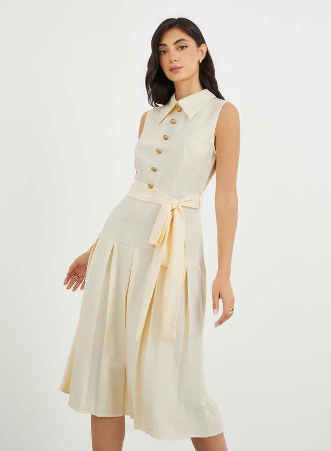 Styli Plain Sleeveless Pleated A-Line Midi Dress with Tie Waist