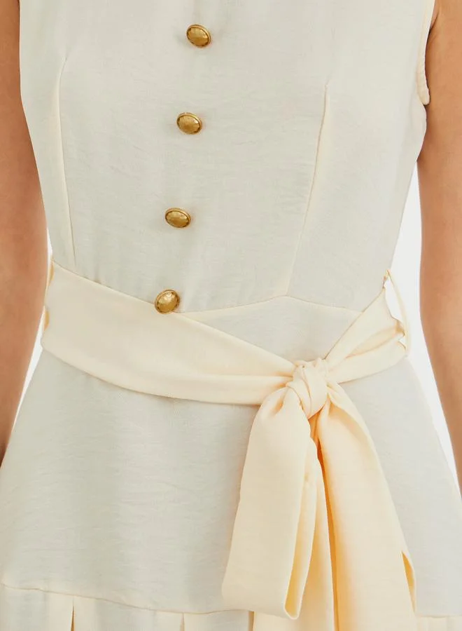 Styli Plain Sleeveless Pleated A-Line Midi Dress with Tie Waist