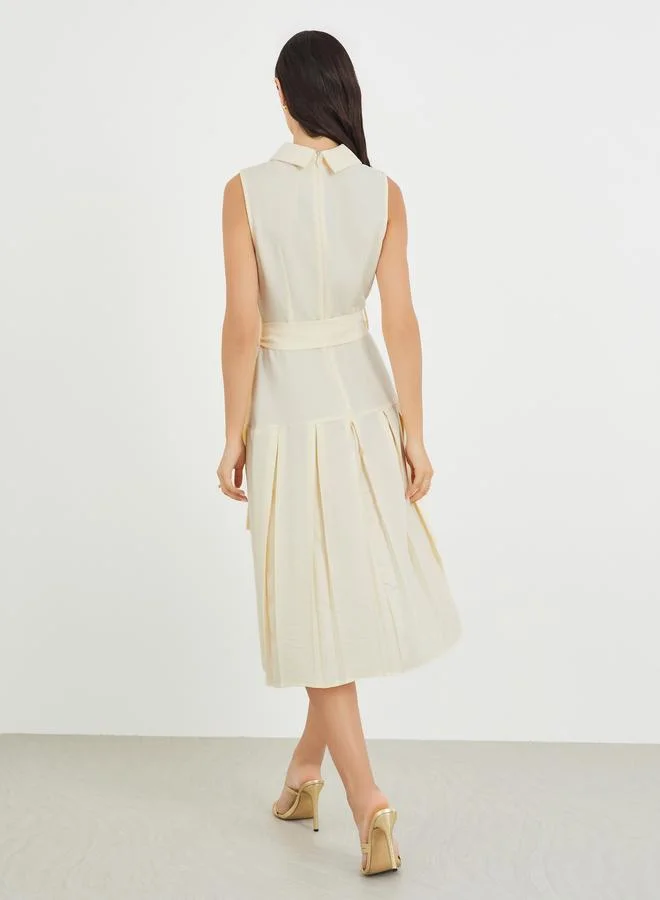 Styli Plain Sleeveless Pleated A-Line Midi Dress with Tie Waist