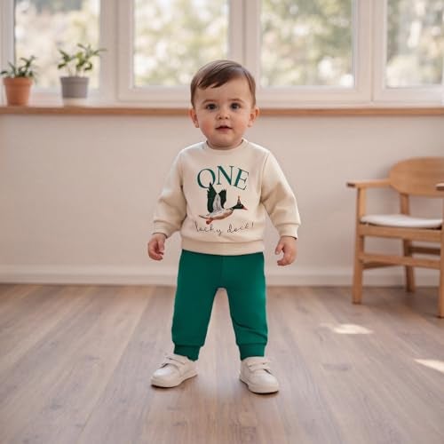 Frietlebird First Birthday Outfit Boy 1st Birthday Outfit Boy Long Sleeve One Lucky Duck Sweatshirt Pants Cake Smash Clothes (C-Beige Green,12-18 Months) - Image 3