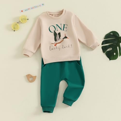 Frietlebird First Birthday Outfit Boy 1st Birthday Outfit Boy Long Sleeve One Lucky Duck Sweatshirt Pants Cake Smash Clothes (C-Beige Green,12-18 Months) - Image 2