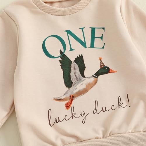 Frietlebird First Birthday Outfit Boy 1st Birthday Outfit Boy Long Sleeve One Lucky Duck Sweatshirt Pants Cake Smash Clothes (C-Beige Green,12-18 Months) - Image 5