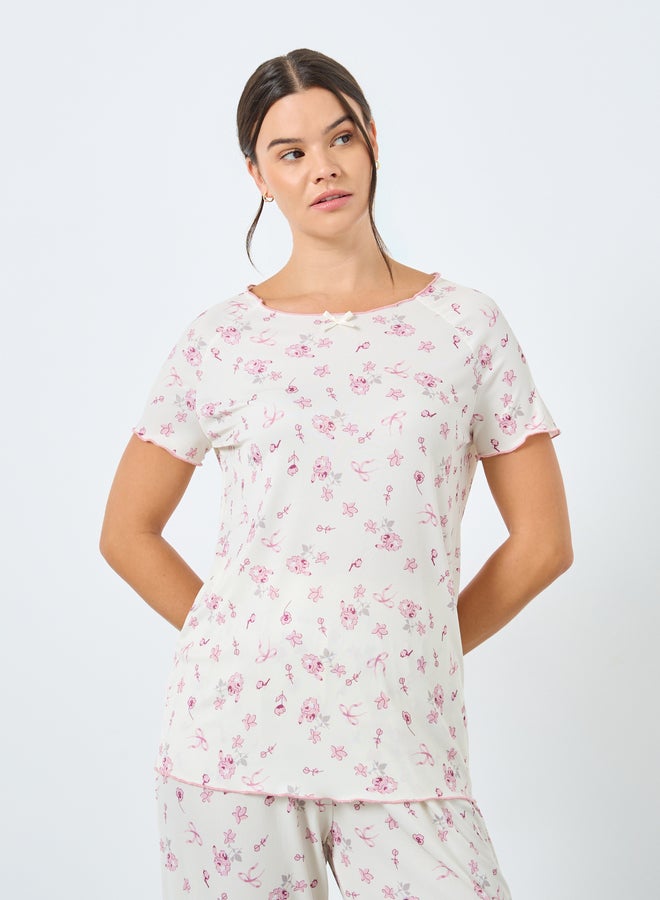 Styli Floral Rib Lettuce Hem T-Shirt and Pyjama Set - Image 3