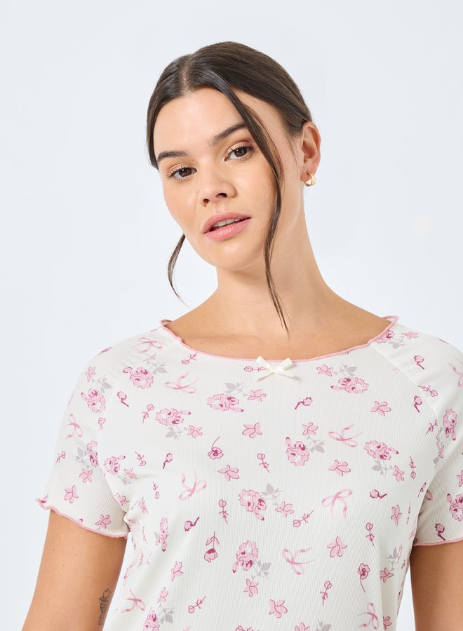 Styli Floral Rib Lettuce Hem T-Shirt and Pyjama Set - Image 4