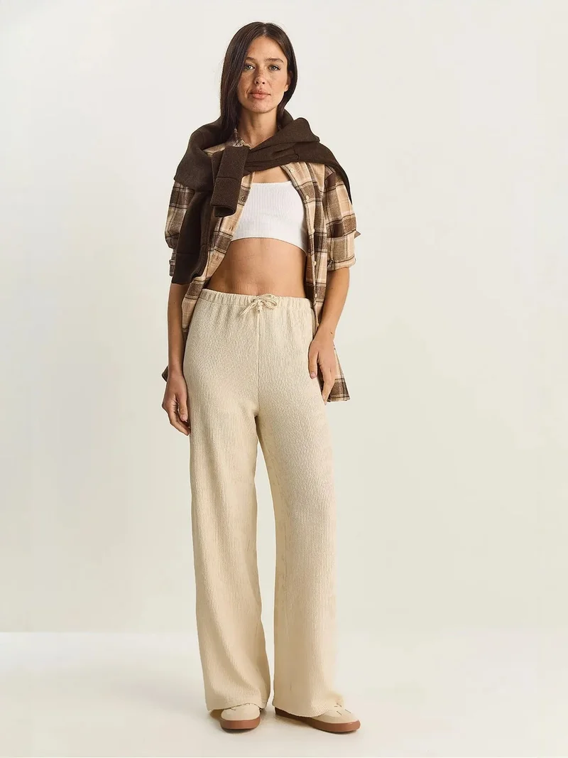 Bianco Lucci Cream Natural LUCCI High Waist Wide Leg Pants for Women | Best Price UAE