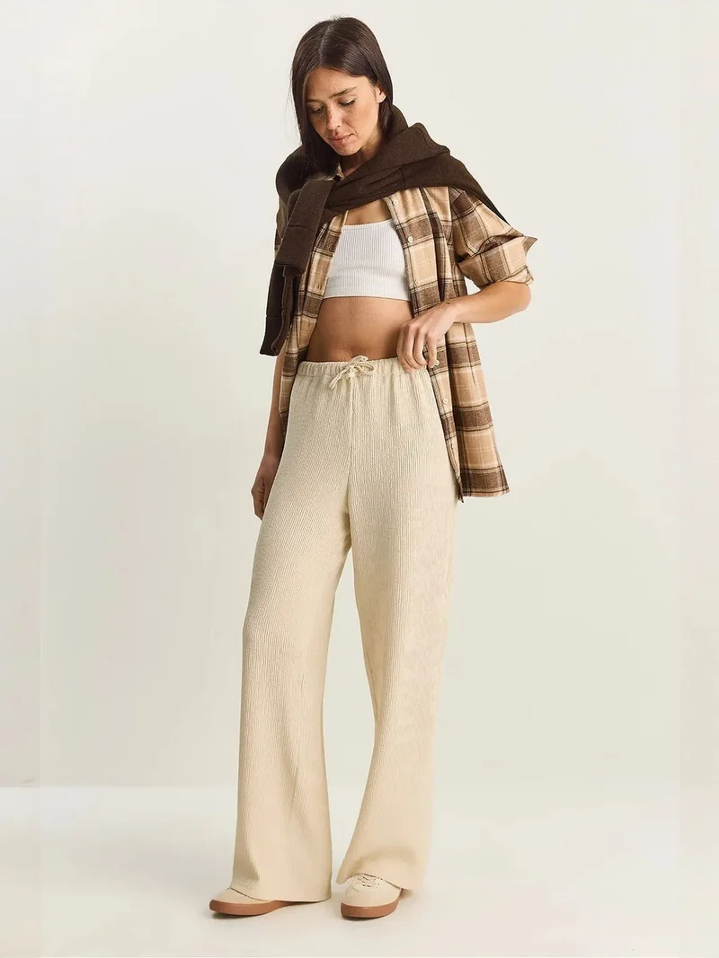 Bianco Lucci Cream Natural LUCCI High Waist Wide Leg Pants for Women | Best Price UAE