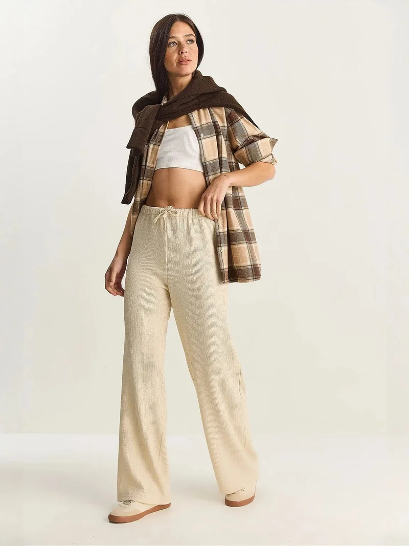 Bianco Lucci Cream Natural LUCCI High Waist Wide Leg Pants for Women | Best Price UAE
