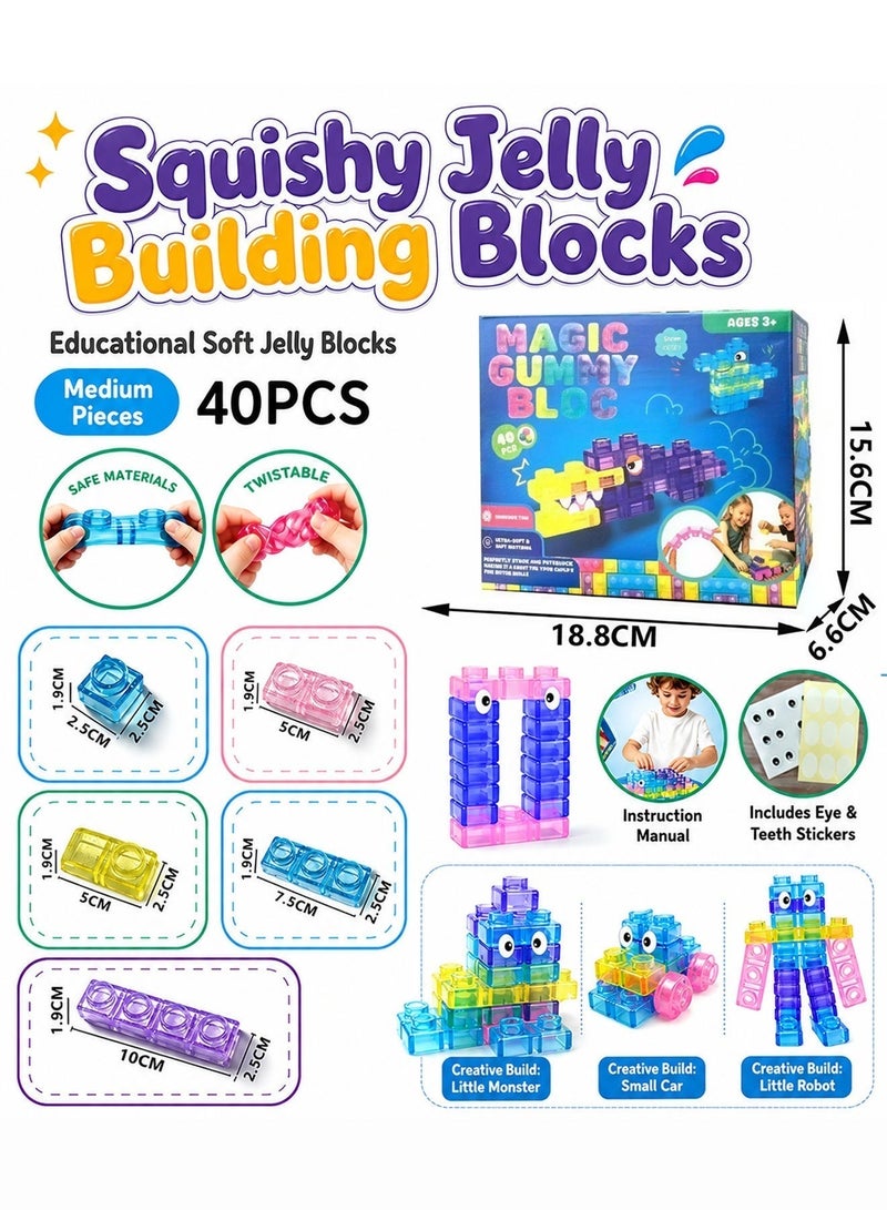 Paka Rabbit 40 PCS Sensory Soft Building Blocks for Toddlers, Medium Size Kids Montessori Squishy Stacking Toy Set, Squeezable & Stretchable Early Learning Construction Playset, Puzzle Blocks for Creative Play （ Medium ） - Image 3