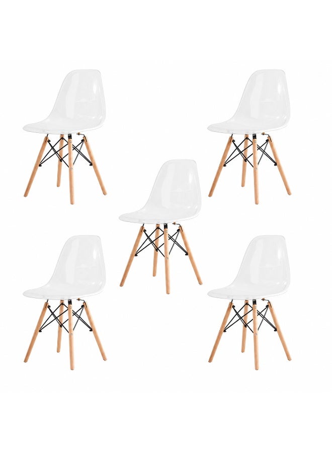 Sinyin Set of 5 Transparent Dining Chairs with Solid Wood Legs, Modern Nordic Eames Side Chair, Clear Plastic Kitchen Chair for Dining Room, Living Room, Café and Restaurant - Image 1