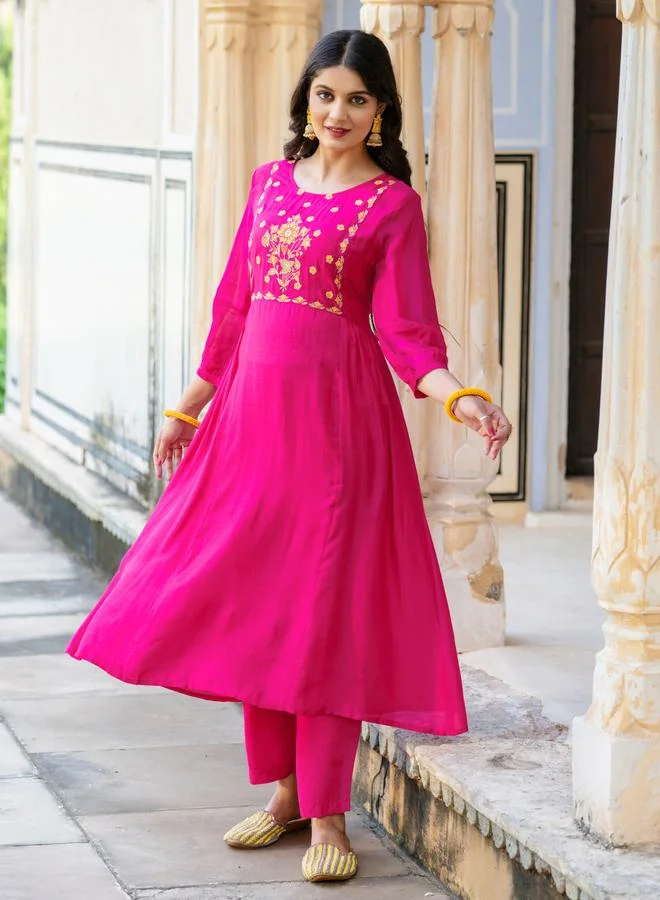 KASYA Pink Viscose Embroidered Tunic and Pants Co-Ords