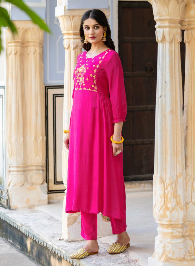 KASYA Pink Viscose Embroidered Tunic and Pants Co-Ords - Image 3
