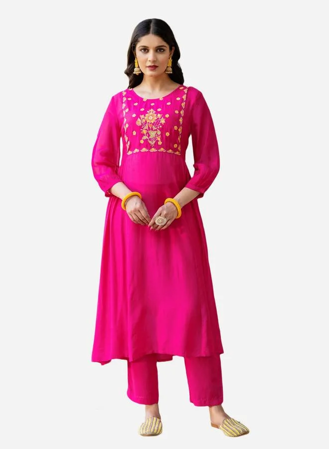 KASYA Pink Viscose Embroidered Tunic and Pants Co-Ords