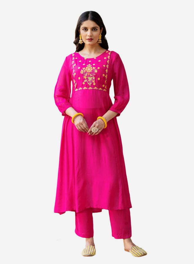 KASYA Pink Viscose Embroidered Tunic and Pants Co-Ords - Image 1