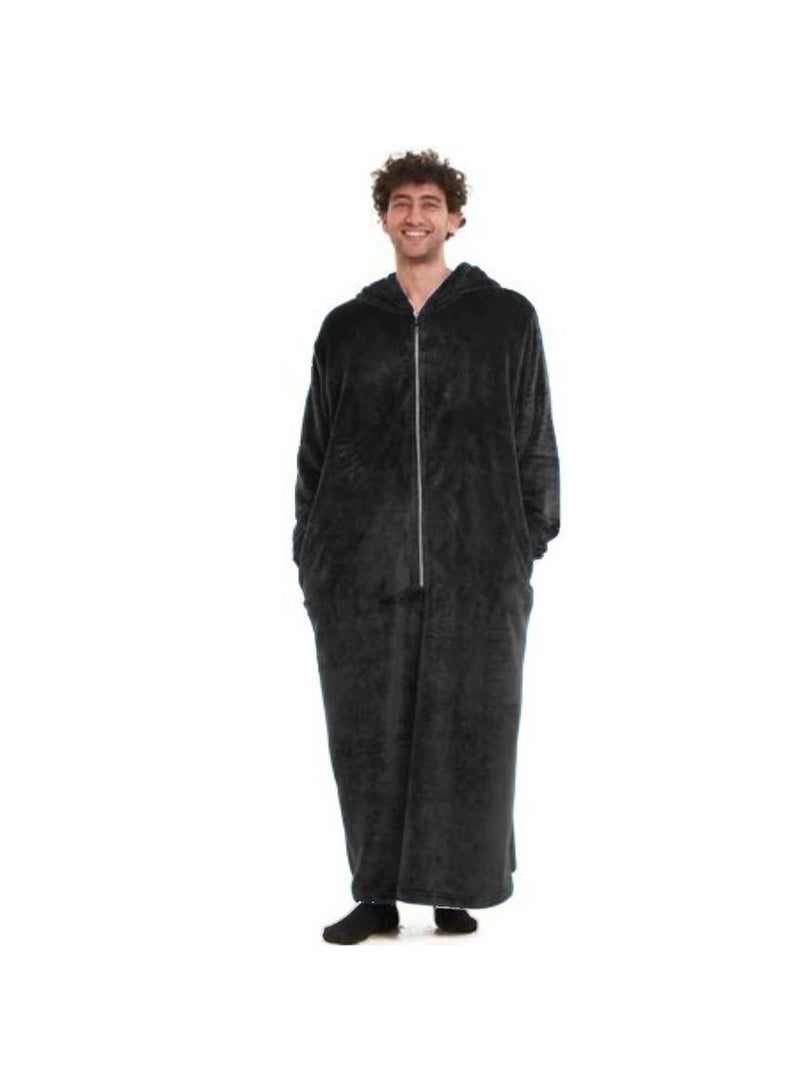 Unisex Long Hooded Fur Robe with Front Zipper and Pockets - Black - Image 3