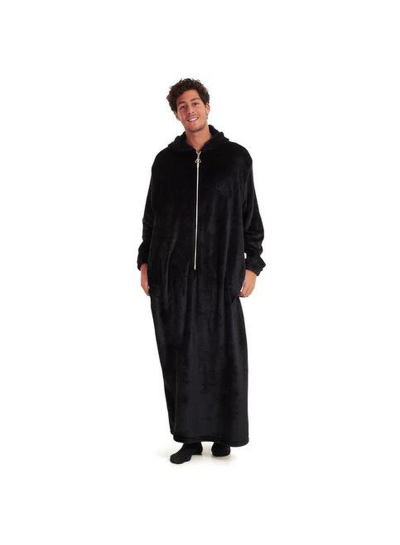 Unisex Long Hooded Fur Robe with Front Zipper and Pockets - Black - Image 2