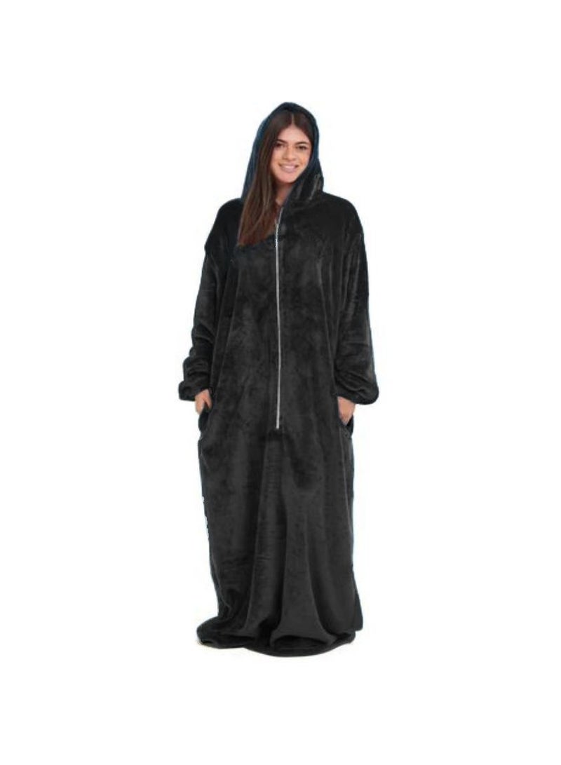 Unisex Long Hooded Fur Robe with Front Zipper and Pockets - Black - Image 1