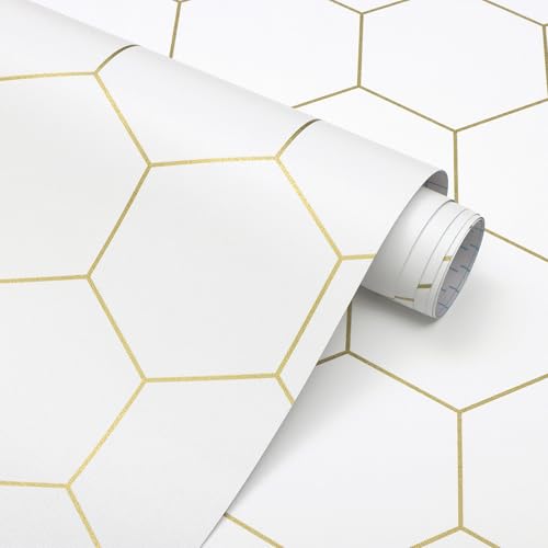 Fiula Peel and Stick Wallpaper Gold Geometric White Hexagon Wallpaper Contact Paper 17.3”×78.7”Self Adhesive Wallpapers Removable for Bedroom Decorative Shelf Drawer Liner Roll Waterproof - Image 1
