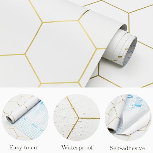 Fiula Peel and Stick Wallpaper Gold Geometric White Hexagon Wallpaper Contact Paper 17.3”×78.7”Self Adhesive Wallpapers Removable for Bedroom Decorative Shelf Drawer Liner Roll Waterproof - Image 5