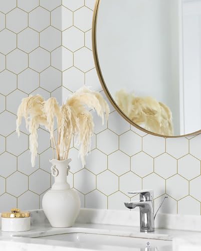 Fiula Peel and Stick Wallpaper Gold Geometric White Hexagon Wallpaper Contact Paper 17.3”×78.7”Self Adhesive Wallpapers Removable for Bedroom Decorative Shelf Drawer Liner Roll Waterproof - Image 4