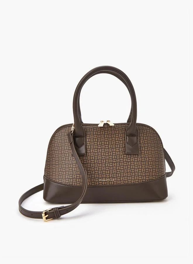 Monogram Print Tote Bag with Detachable Strap and Zip Closure