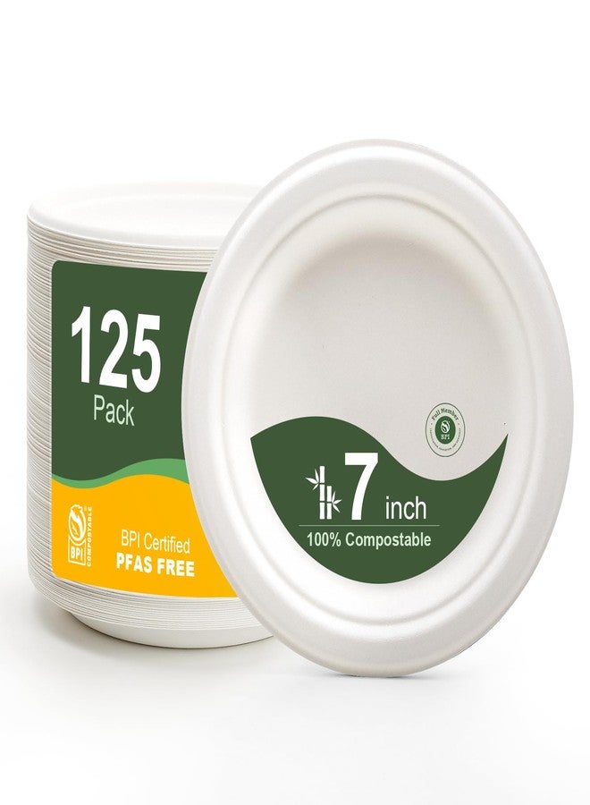 WELLIFE 100% Compostable Paper Plates 7 Inch, 125-Pack Heavy Duty Paper Plates Bulk,Biodegradable Bagasse,Eco-Friendly Disposable Dessert Plates for BBQ,Picnic,Party (BPI Certified,Microwaveable) - Image 1