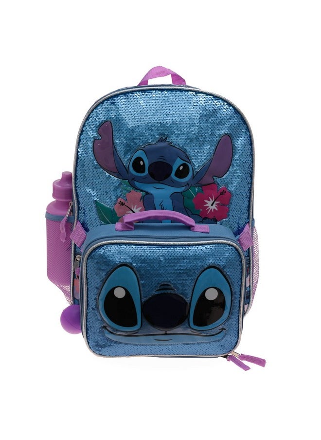 Disney Disney Lilo & Stitch Girls 4 Piece Backpack Set, Flip Sequin 16" School Bag with Front Zip Pocket, Blue  - Image 1